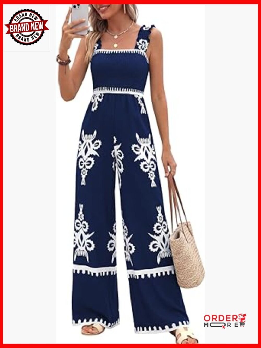 Womens Jumpsuit Casual One Piece Boho Summer Outfits Shirred Strap Wide Leg